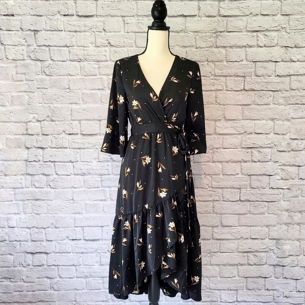 Saltwater Luxe black floral print wrap midi length ruffle hem 3/4 sleeve dress - Picture 2 of 11
